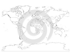 World map with country borders, thin black outline on white background. Simple high detail line vector wireframe