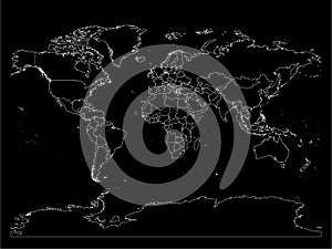 World map with country borders, thin white outline on black background. Simple high detail line vector wireframe