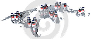 World map and covid-19 / SARS-CoV-2 / coronavirus vaccine ampoules to fight the pandemic - isolated on white background
