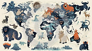 World Map of Cryptid Sightings with Stylized Creatures