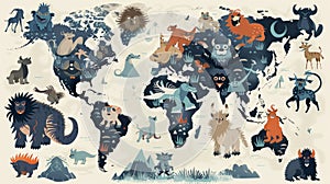 World Map of Cryptid Sightings with Stylized Creatures photo