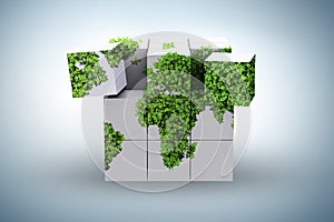 World map on the cube in green environment concept - 3d renderin