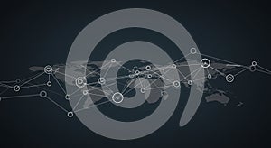 A world map with a dark background features interconnected nodes and lines photo