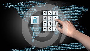 World map and data cloud with closed padlock - pin input at the numeric keypad - business, data and internet security concept