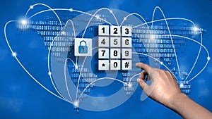 World map and data cloud with closed padlock - pin input at the numeric keypad - business, data and internet security concept