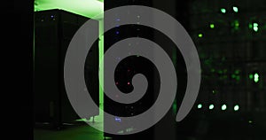 World map with data points and network connections image over server room