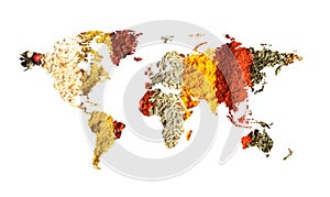 World map of different aromatic spices on white background.