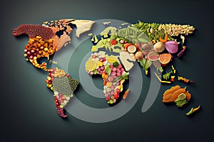 World map from different fresh fruits and vegetables