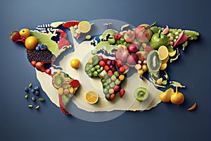 World map from different fresh fruits and vegetables