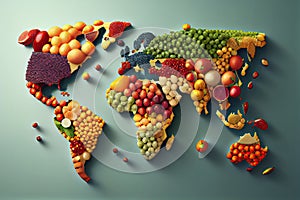 World map from different fresh fruits and vegetables