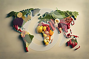 World map from different fresh fruits and vegetables