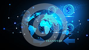 World map and digital money transfers concept
