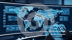 Global network data visualization on a futuristic screen with interactive interface