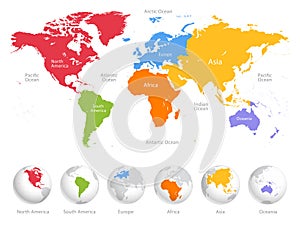 World map divided into six continents.