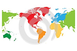 World map divided into six continents. Americas centered. Each continent in different color. Simple flat vector