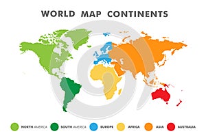 World map divided into six continents in different color.