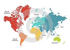 World map divided into six continents in different color.