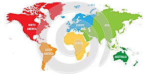 World map divided into six continents. Each continent in different color. Simple flat vector illustration