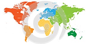 World map divided into six continents. Each continent in different color. Simple flat vector illustration photo