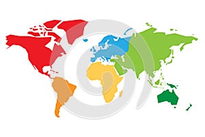 World map divided into six continents. Each continent in different color. Simple flat vector illustration