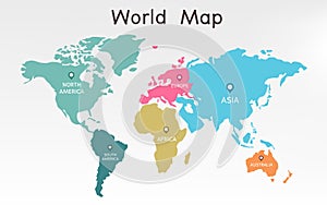 The world map is divided into various continents using lovely colors on a white background