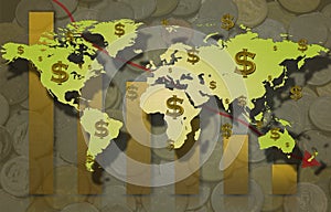 World map and dollar sign with bar-graph and coin.