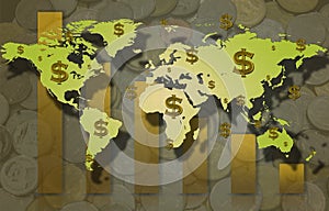 World map and dollar sign with coin and