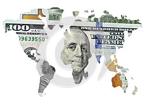 World map. 100 Dollars texture. White background