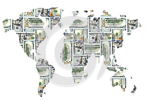 World map. 100 Dollars texture. White background