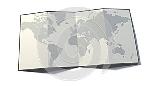 World map, drawn on a folded sheet, planisphere leaning on a surface