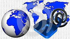 World map and earth globe - at sign with closed padlock - business or internet security concept - illustrated 3D background