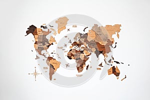 World map of earth showing continents on a wood tree ring
