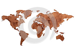 World map of earth showing continents on a wood tree ring textured background on white