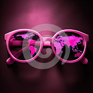 World map, embellish reality, sugarcoat concept. View on real life through pink glasses, pacifist worldview
