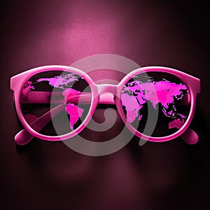 World map, embellish reality, sugarcoat concept. View on real life through pink glasses, pacifist worldview photo