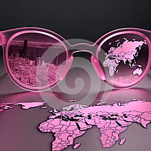 World map, embellish reality, sugarcoat concept. View on real life through pink glasses, Travel planning concept