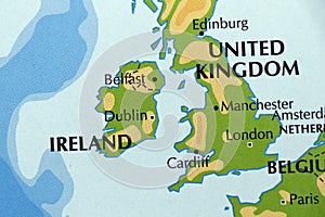 world map of europe, england and ireland bordering countries in close up
