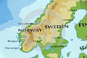 world map of europe, norway and sweden bordering country in close up photo
