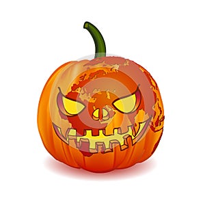 World map Europe Zone on Scary Jack O Lantern Halloween pumpkin with candle light inside.