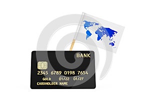 World Map Flag and Black Plastic Golden Credit Card with Chip. 3d Rendering