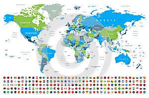 World Map and Flags - borders, countries and cities -illustration