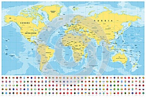 World Map and Flags - borders, countries and cities -illustration