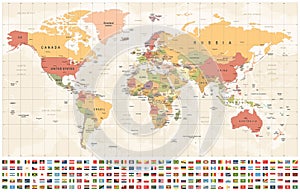 World Map and Flags - borders, countries and cities - vintage illustration