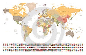 World Map and Flags - borders, countries and cities - vintage illustration
