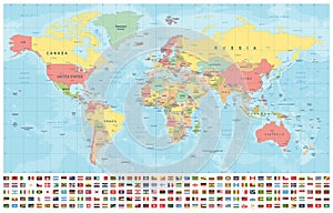 World Map and Flags - borders, countries and cities - vintage illustration