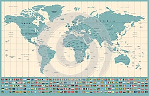 World Map and Flags - borders, countries and cities - vintage illustration