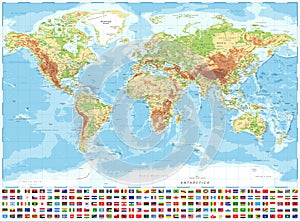 World Map and Flags - Physical Topographic - Vector Detailed Illustration