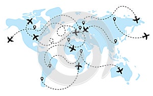 World map with flight routes airplanes. Infographic