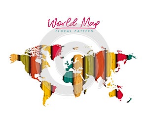 World map floral pattern with colored lines on white background