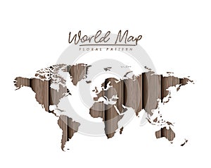 World map floral pattern with gray wood lines on white background